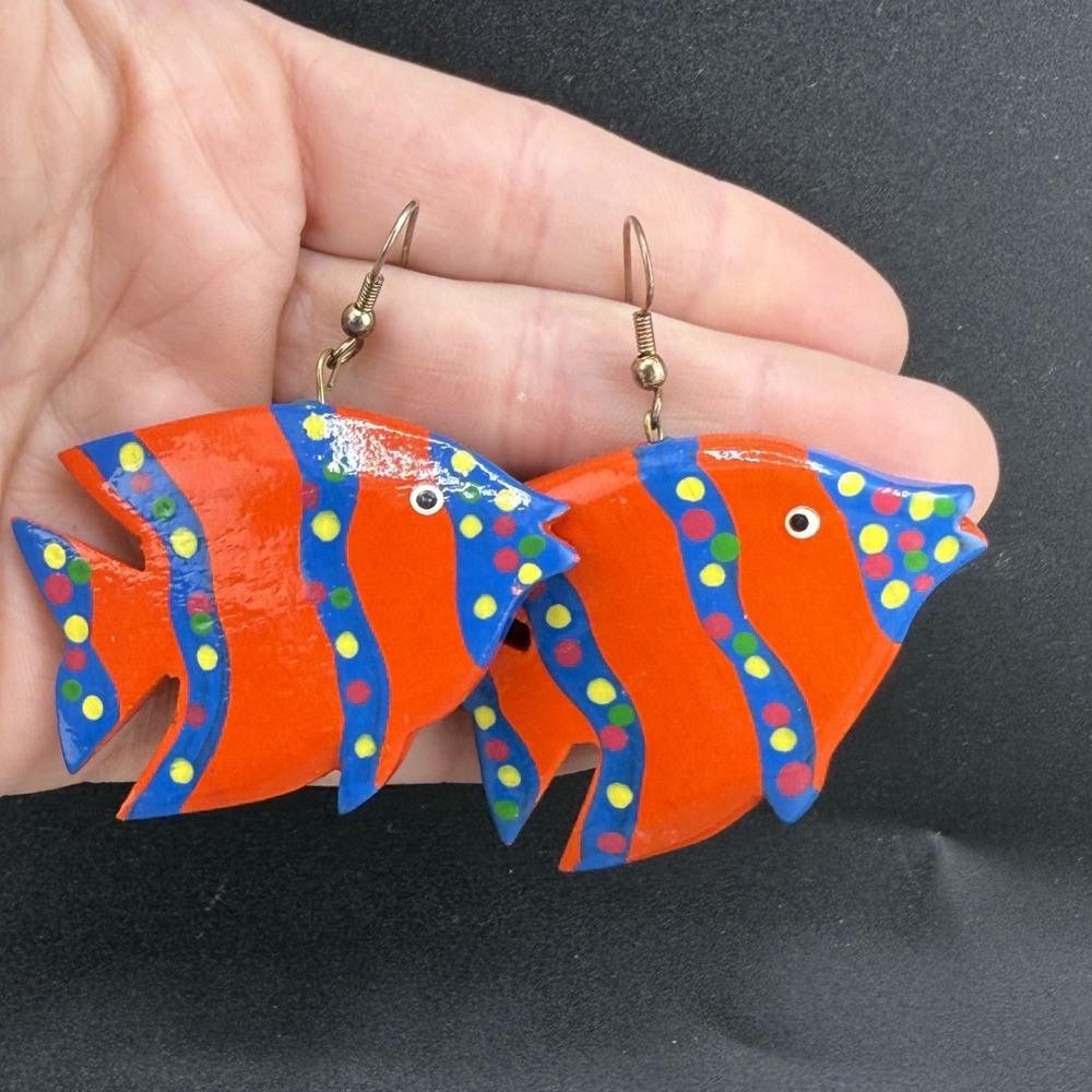 Vintage Fish Pierced Earrings Wood Painted Orange Blue Earrings Sea - Picture 4 of 7